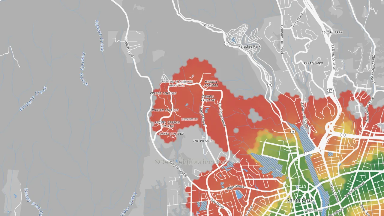 Walk Grade map of 95064, CA, walkable areas in green and car-dependent areas in red