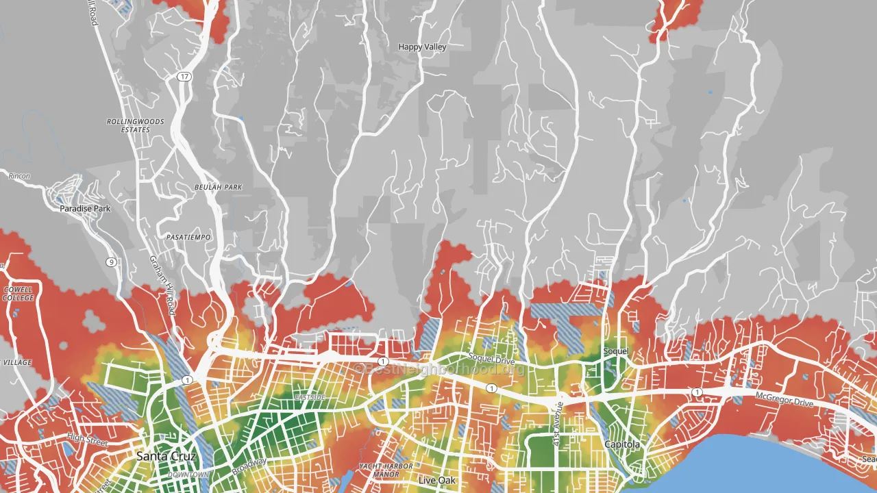 Walk Grade map of 95065, CA, walkable areas in green and car-dependent areas in red