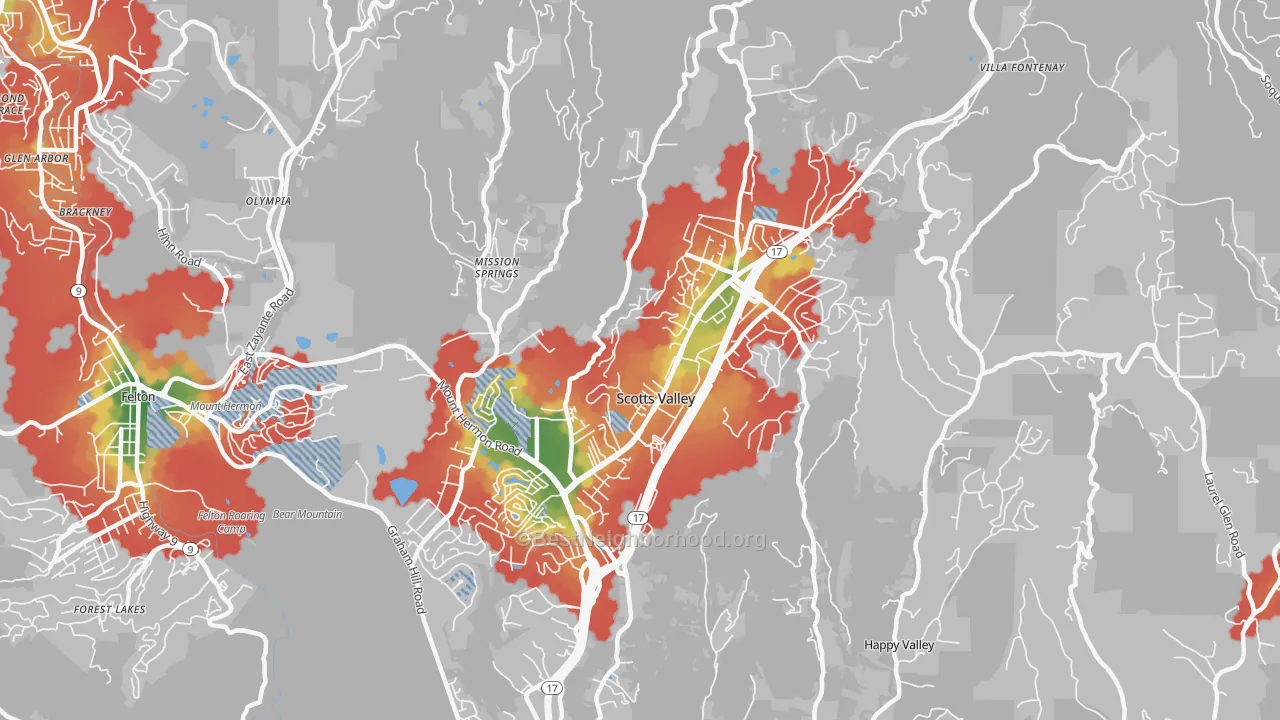Walk Grade map of 95066, CA, walkable areas in green and car-dependent areas in red
