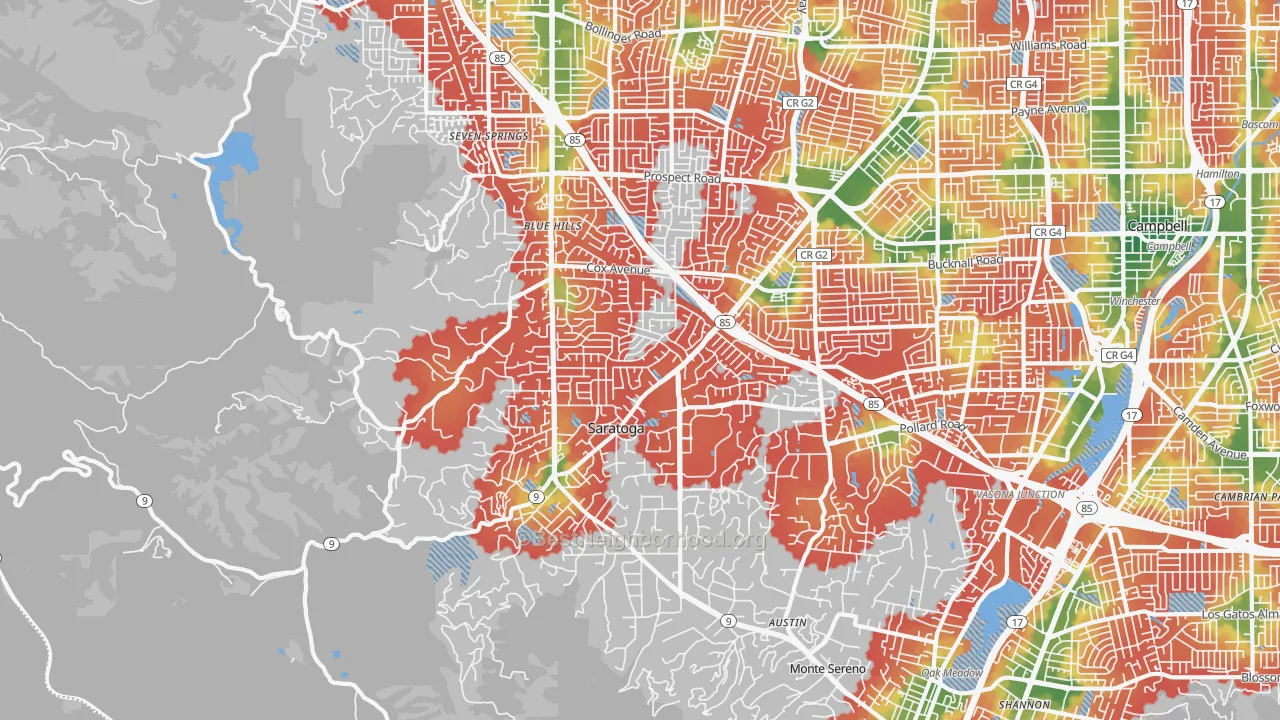 Walk Grade map of 95070, CA, walkable areas in green and car-dependent areas in red
