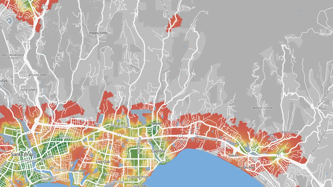 Walk Grade map of 95073, CA, walkable areas in green and car-dependent areas in red