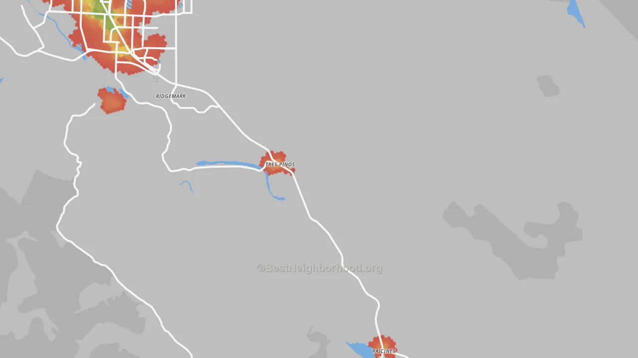 Walk Grade map of 95075, CA, walkable areas in green and car-dependent areas in red