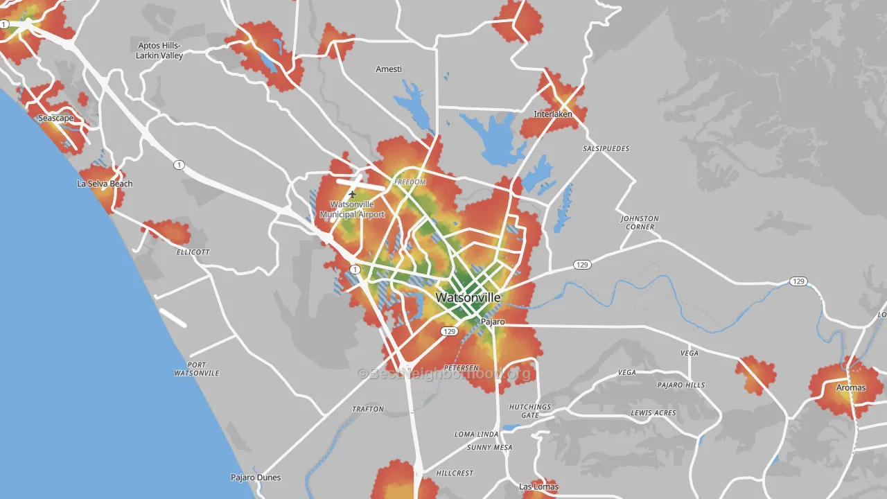 Walk Grade map of 95076, CA, walkable areas in green and car-dependent areas in red
