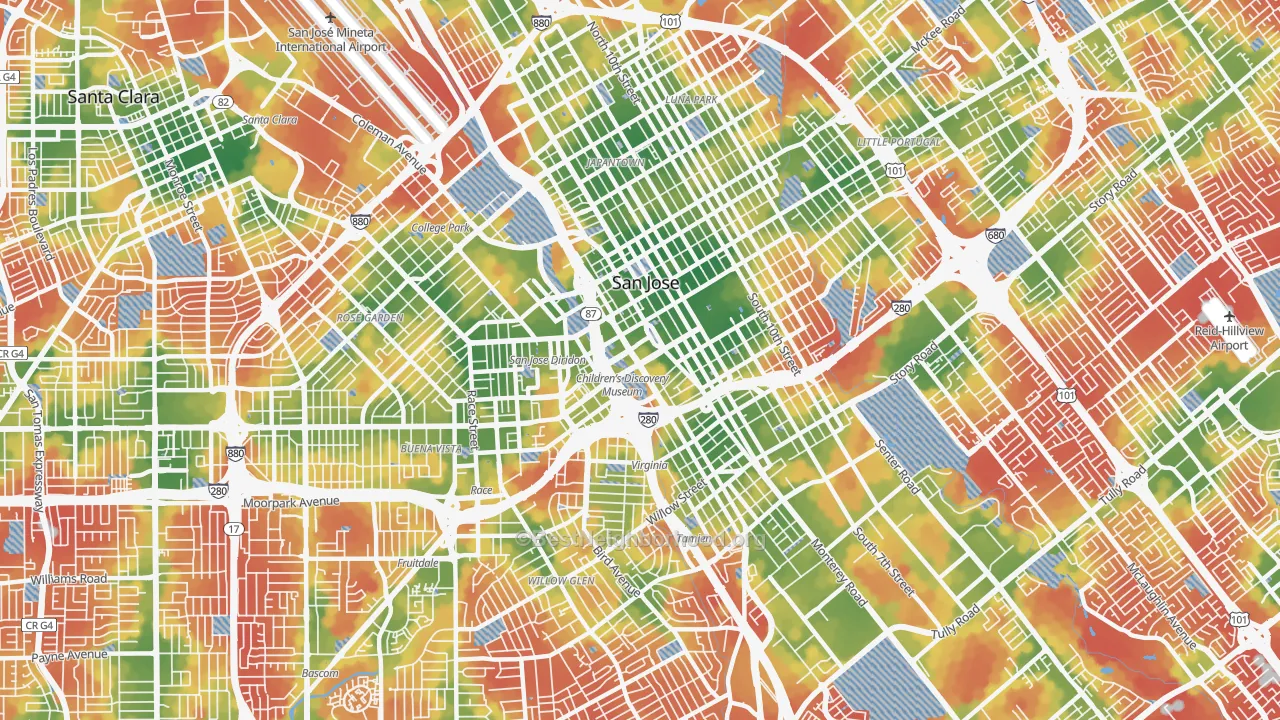 Walk Grade map of 95110, CA, walkable areas in green and car-dependent areas in red