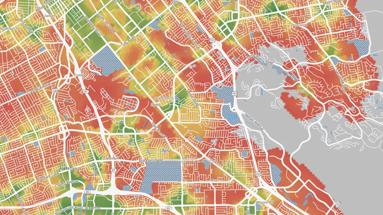 Walk Grade map of 95111, CA, walkable areas in green and car-dependent areas in red