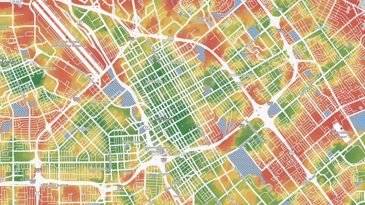 Walk Grade map of 95112, CA, walkable areas in green and car-dependent areas in red
