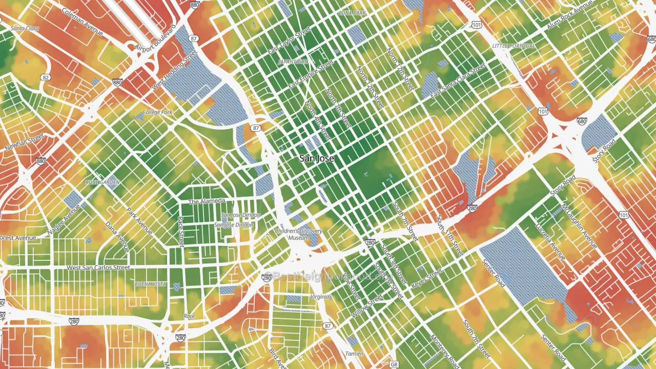 Walk Grade map of 95113, CA, walkable areas in green and car-dependent areas in red