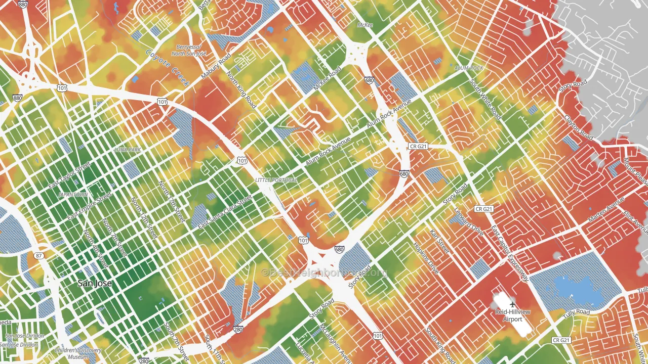 Walk Grade map of 95116, CA, walkable areas in green and car-dependent areas in red