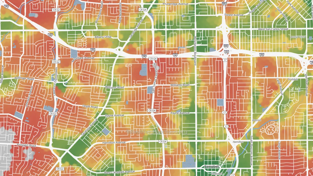 Walk Grade map of 95117, CA, walkable areas in green and car-dependent areas in red