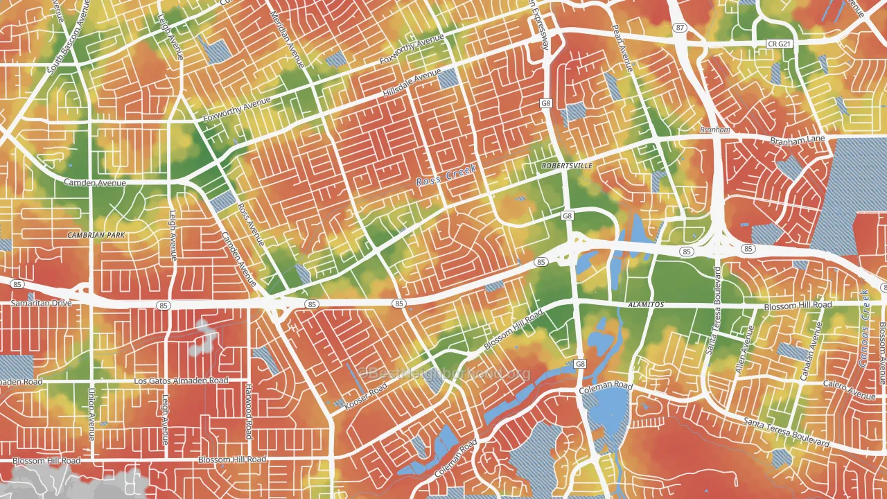 Walk Grade map of 95118, CA, walkable areas in green and car-dependent areas in red