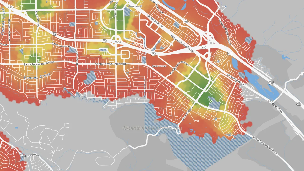 Walk Grade map of 95119, CA, walkable areas in green and car-dependent areas in red