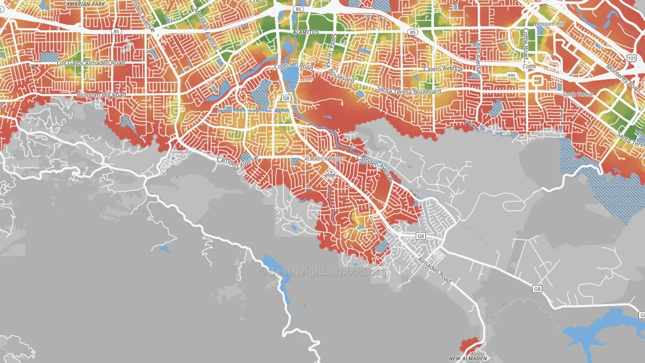 Walk Grade map of 95120, CA, walkable areas in green and car-dependent areas in red