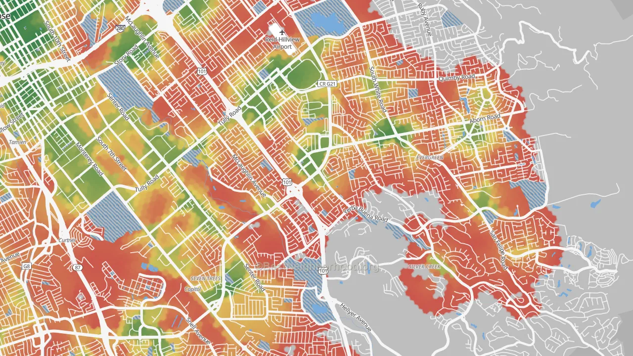 Walk Grade map of 95121, CA, walkable areas in green and car-dependent areas in red