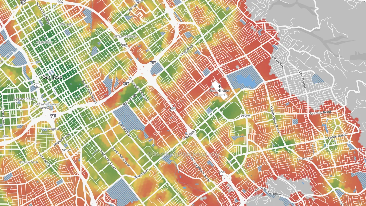 Walk Grade map of 95122, CA, walkable areas in green and car-dependent areas in red