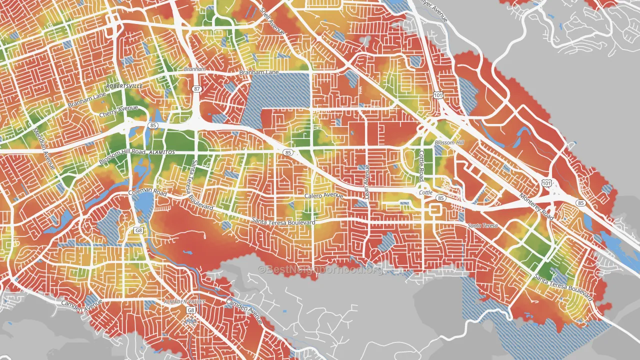 Walk Grade map of 95123, CA, walkable areas in green and car-dependent areas in red
