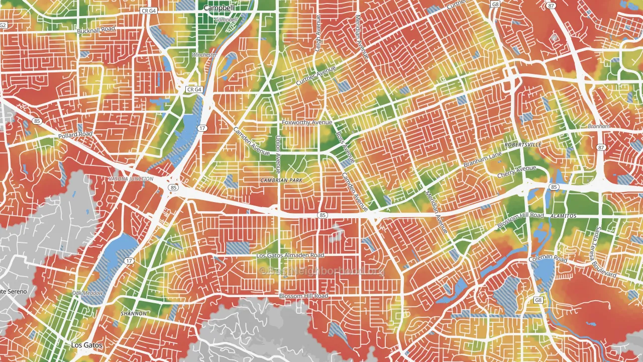 Walk Grade map of 95124, CA, walkable areas in green and car-dependent areas in red