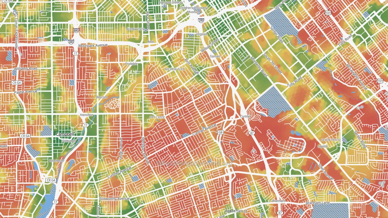 Walk Grade map of 95125, CA, walkable areas in green and car-dependent areas in red