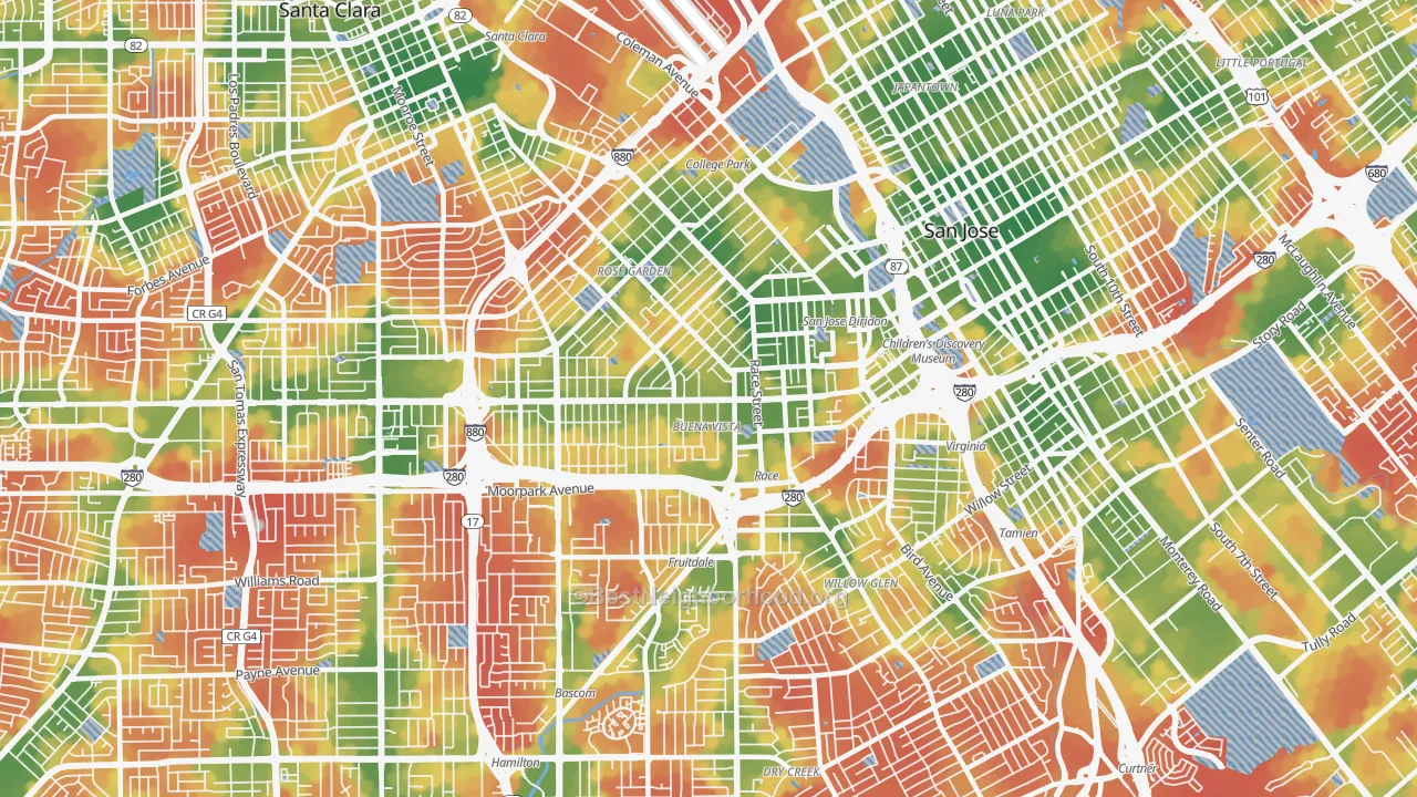 Walk Grade map of 95126, CA, walkable areas in green and car-dependent areas in red