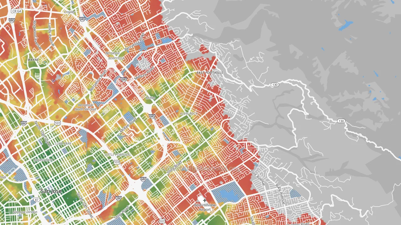 Walk Grade map of 95127, CA, walkable areas in green and car-dependent areas in red