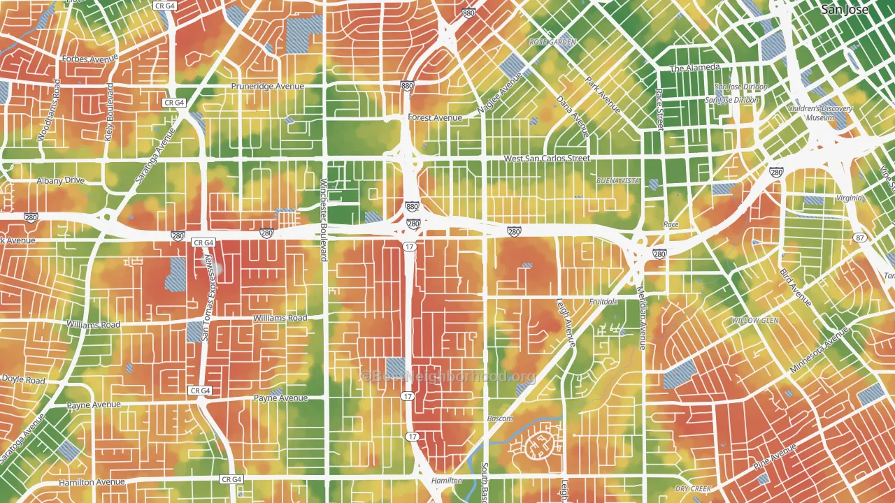 Walk Grade map of 95128, CA, walkable areas in green and car-dependent areas in red