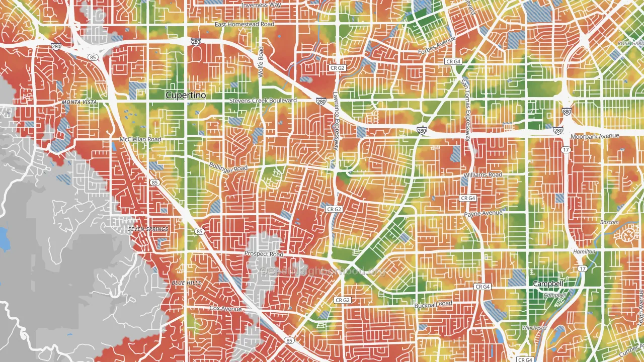 Walk Grade map of 95129, CA, walkable areas in green and car-dependent areas in red