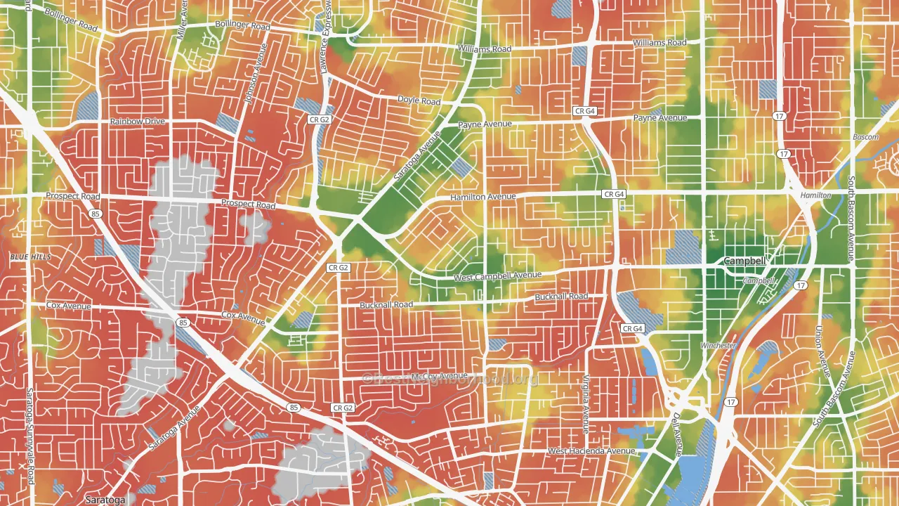 Walk Grade map of 95130, CA, walkable areas in green and car-dependent areas in red