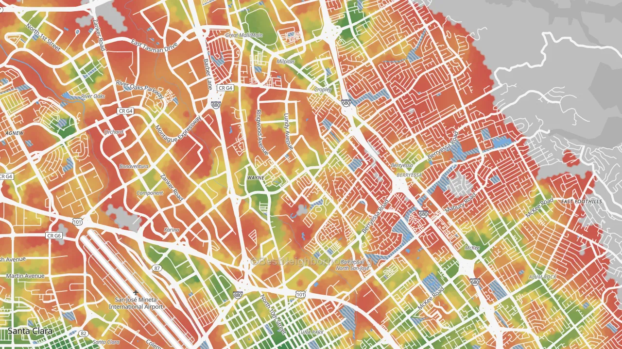 Walk Grade map of 95131, CA, walkable areas in green and car-dependent areas in red