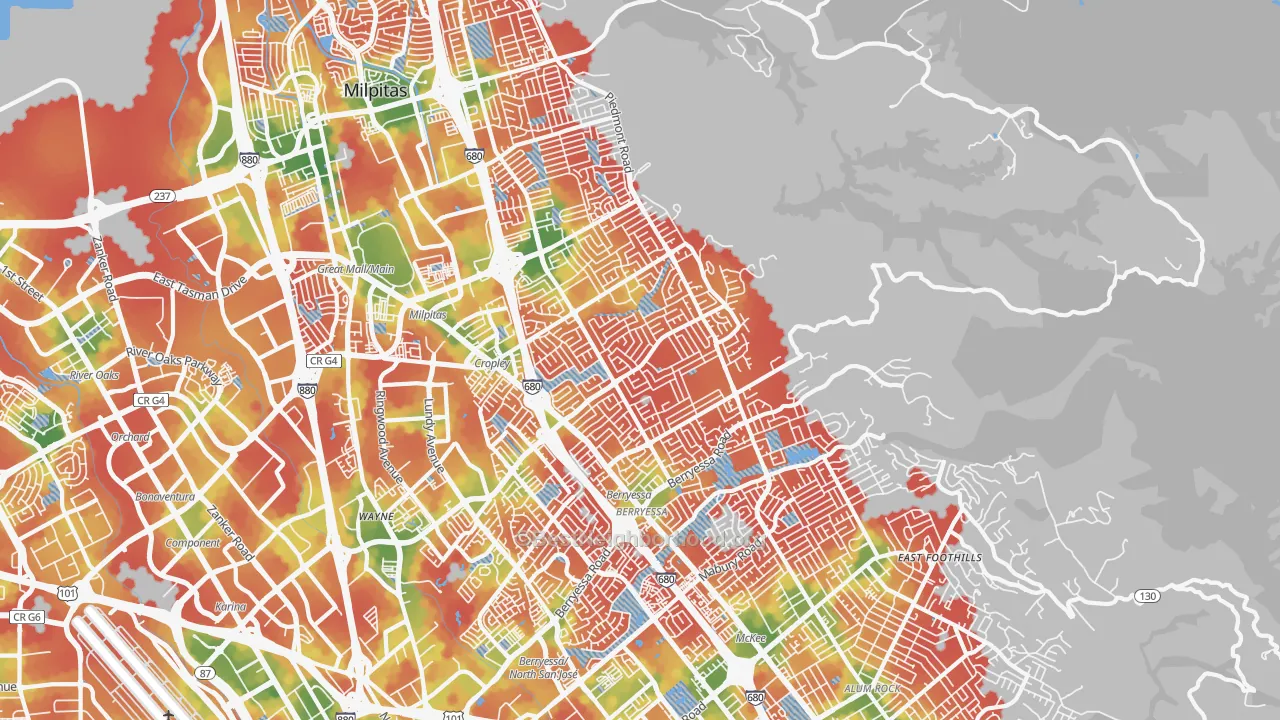 Walk Grade map of 95132, CA, walkable areas in green and car-dependent areas in red