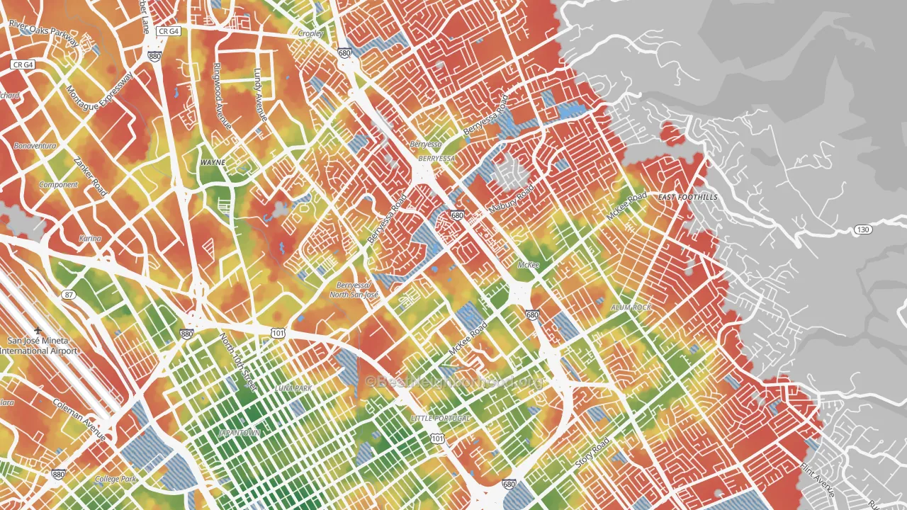 Walk Grade map of 95133, CA, walkable areas in green and car-dependent areas in red