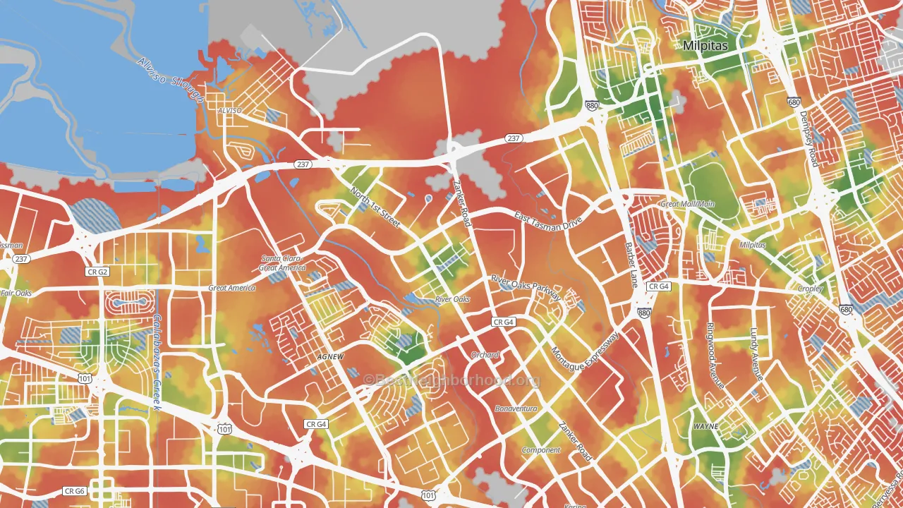 Walk Grade map of 95134, CA, walkable areas in green and car-dependent areas in red