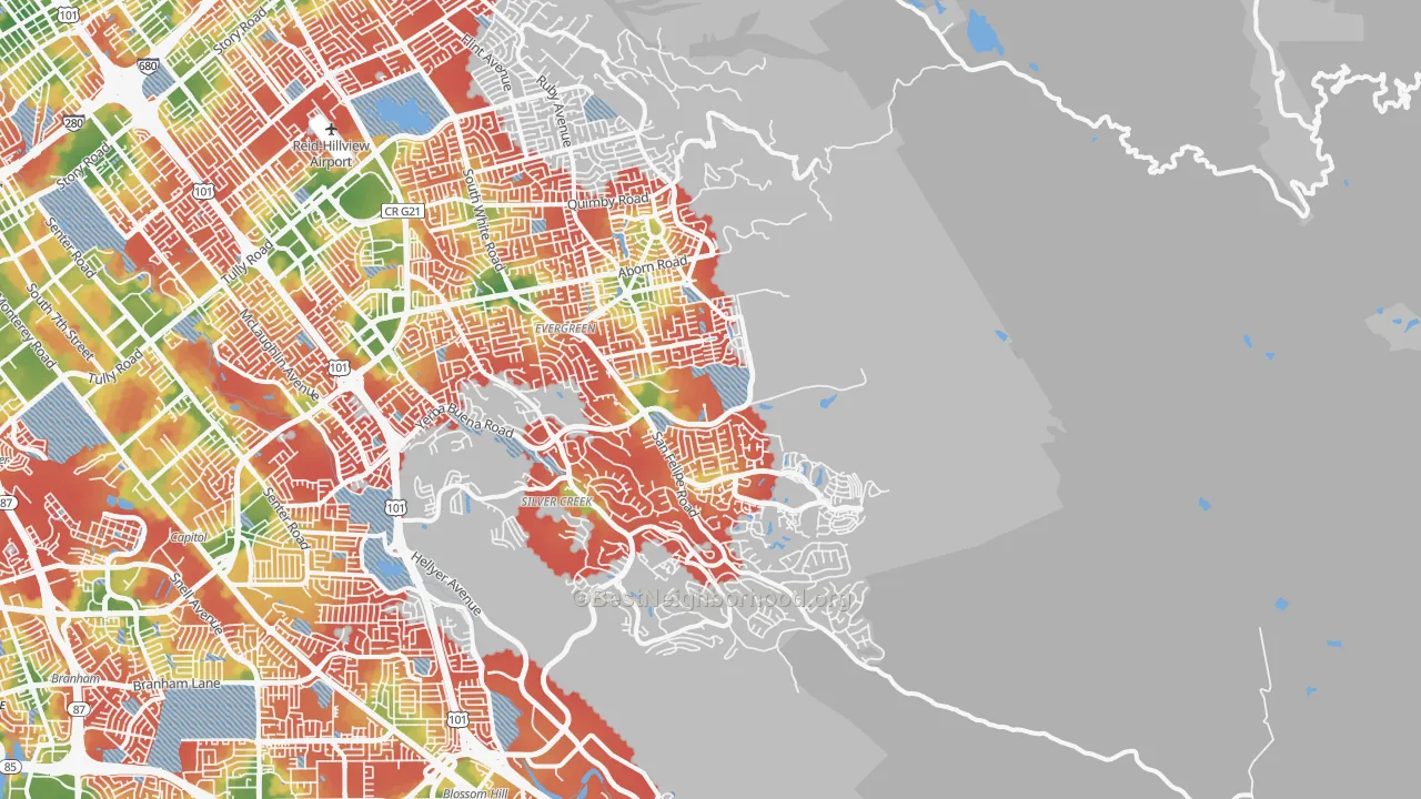 Walk Grade map of 95135, CA, walkable areas in green and car-dependent areas in red