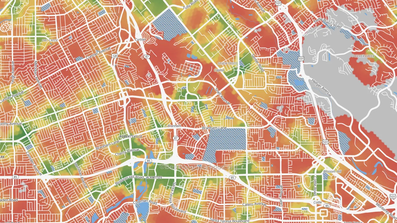 Walk Grade map of 95136, CA, walkable areas in green and car-dependent areas in red