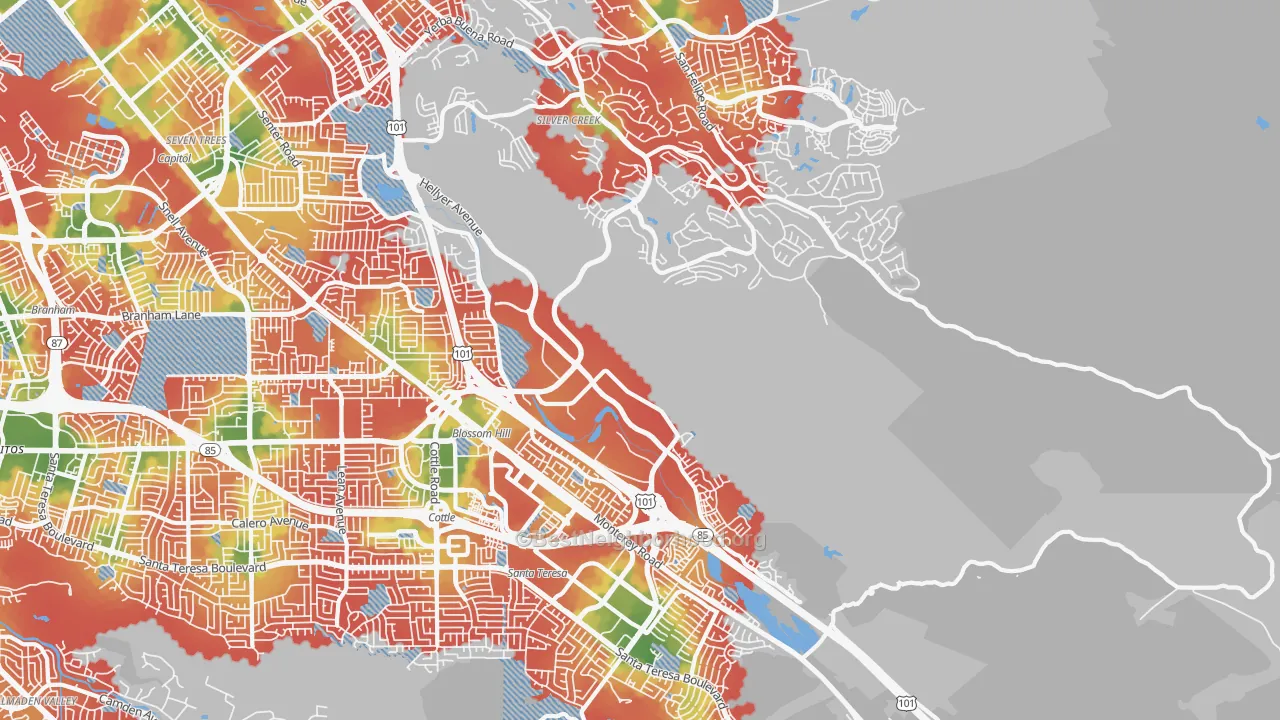 Walk Grade map of 95138, CA, walkable areas in green and car-dependent areas in red