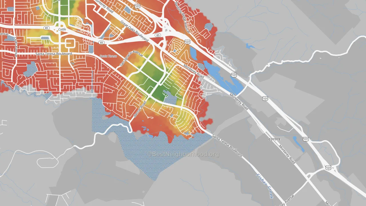 Walk Grade map of 95139, CA, walkable areas in green and car-dependent areas in red