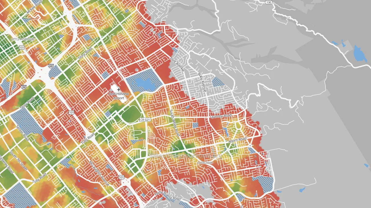 Walk Grade map of 95148, CA, walkable areas in green and car-dependent areas in red