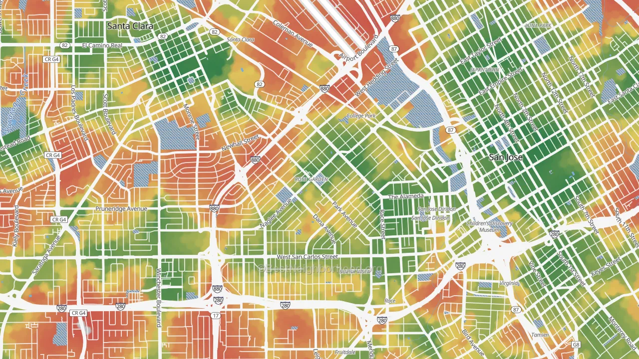 Walk Grade map of 95191, CA, walkable areas in green and car-dependent areas in red