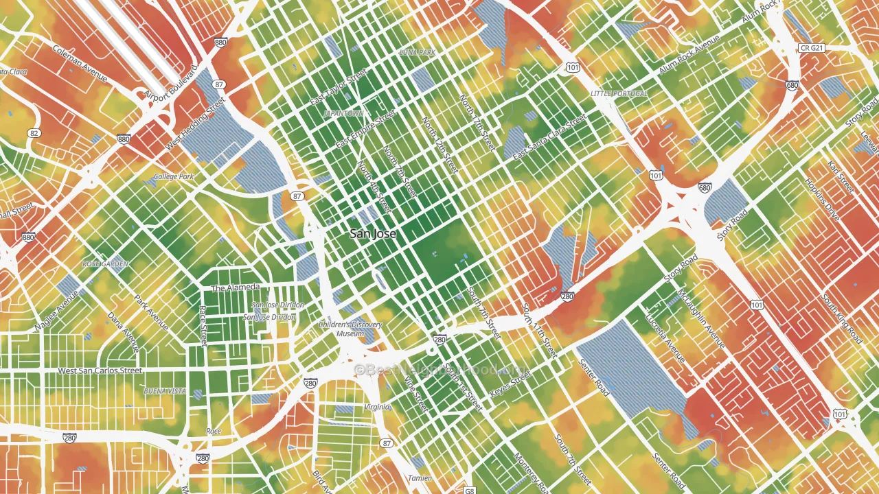 Walk Grade map of 95192, CA, walkable areas in green and car-dependent areas in red