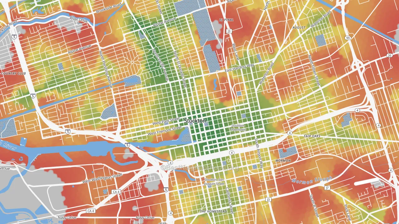 Walk Grade map of 95202, CA, walkable areas in green and car-dependent areas in red