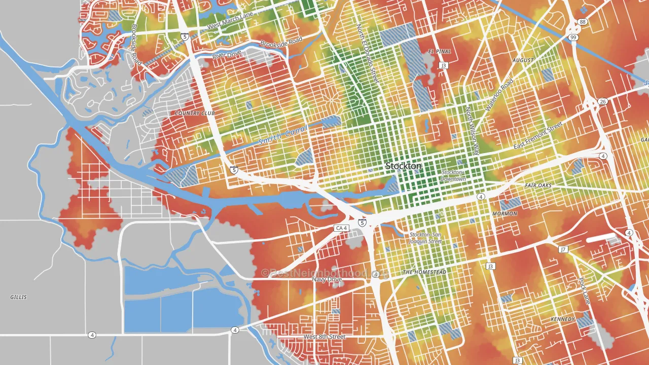 Walk Grade map of 95203, CA, walkable areas in green and car-dependent areas in red