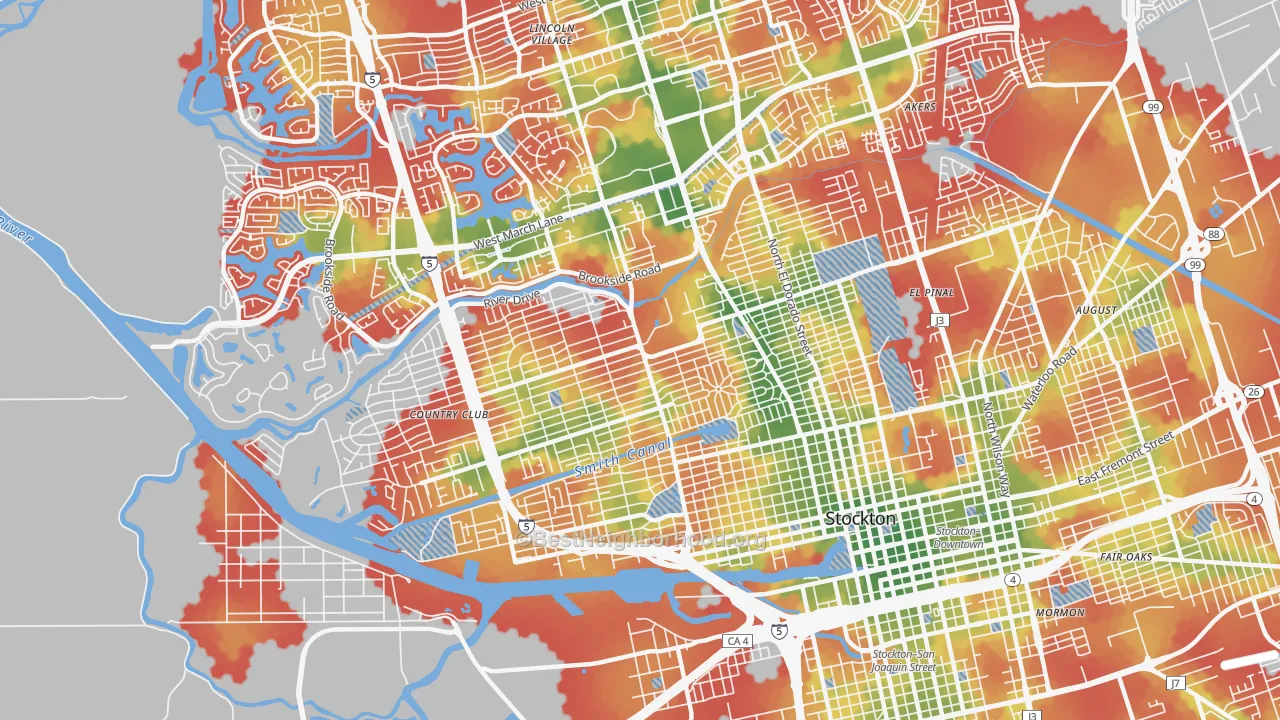 Walk Grade map of 95204, CA, walkable areas in green and car-dependent areas in red