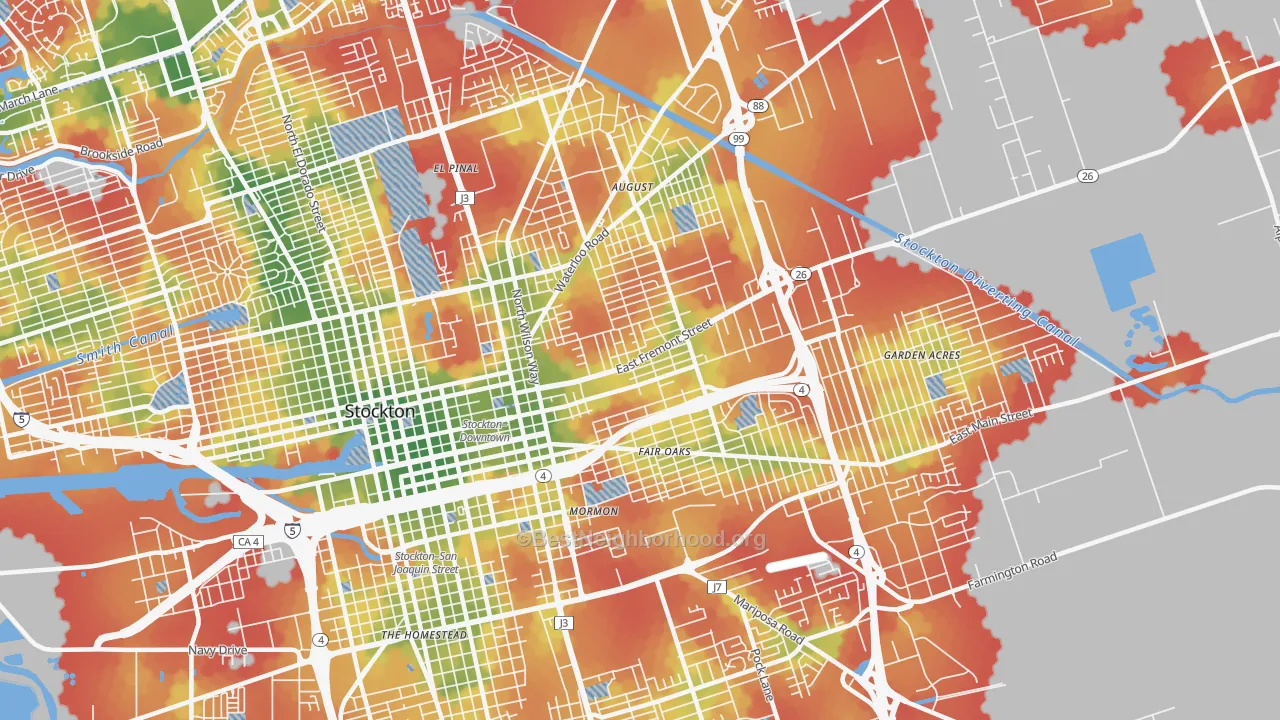 Walk Grade map of 95205, CA, walkable areas in green and car-dependent areas in red