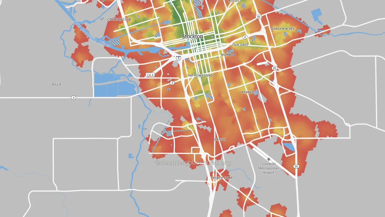 Walk Grade map of 95206, CA, walkable areas in green and car-dependent areas in red