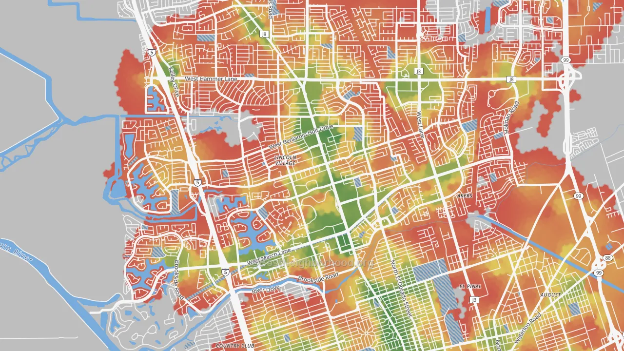 Walk Grade map of 95207, CA, walkable areas in green and car-dependent areas in red