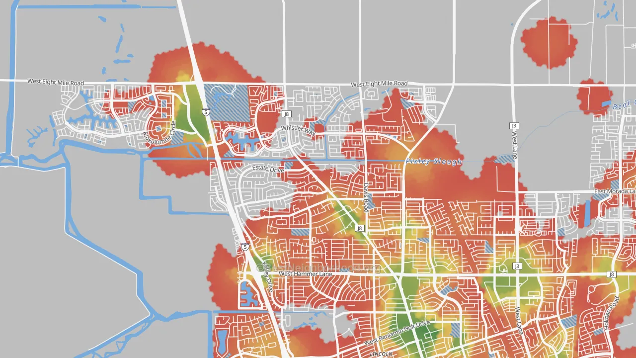 Walk Grade map of 95209, CA, walkable areas in green and car-dependent areas in red