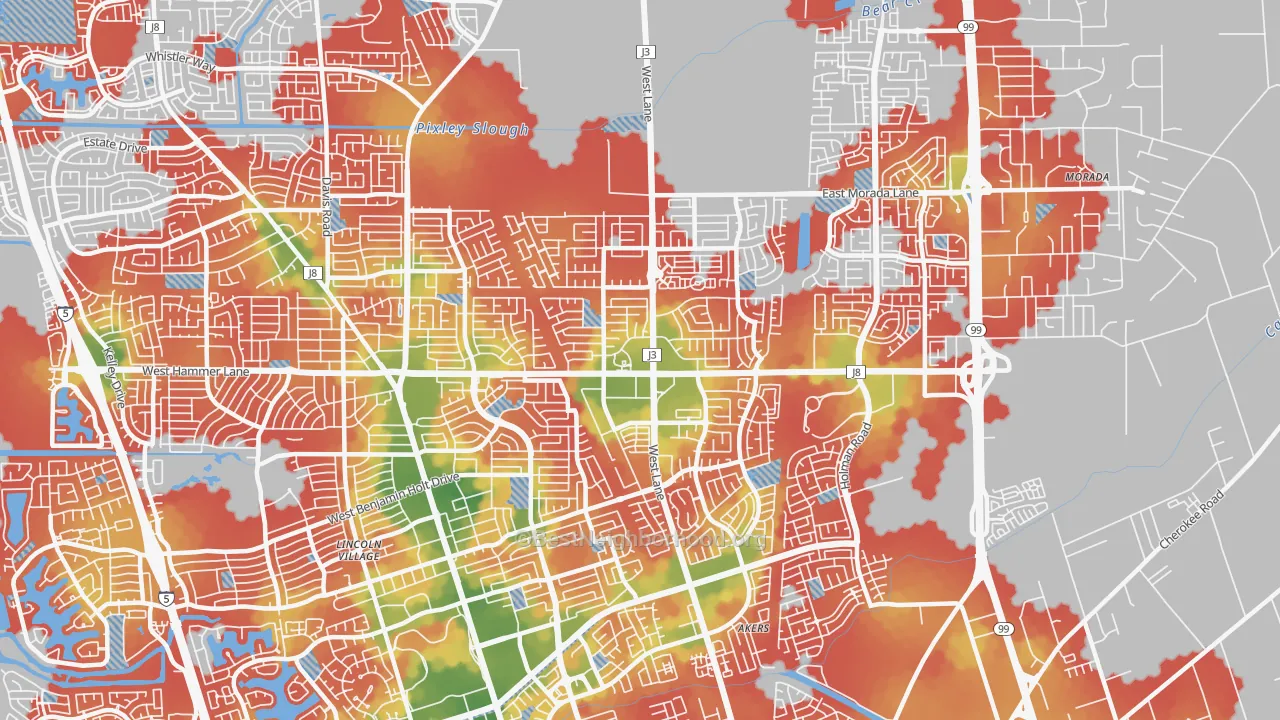 Walk Grade map of 95210, CA, walkable areas in green and car-dependent areas in red