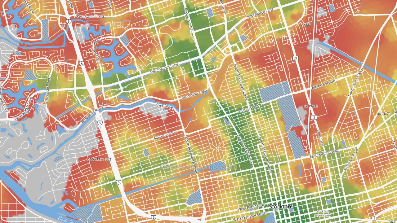 Walk Grade map of 95211, CA, walkable areas in green and car-dependent areas in red