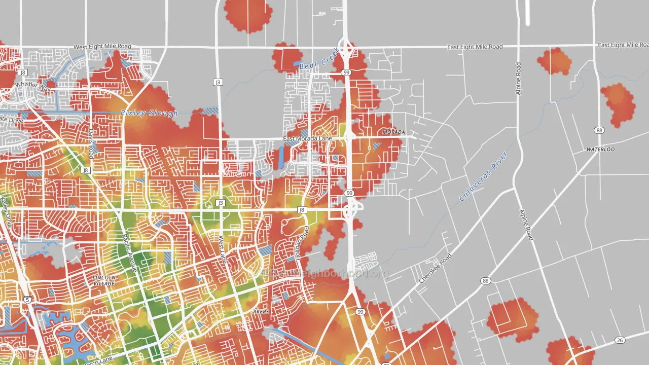 Walk Grade map of 95212, CA, walkable areas in green and car-dependent areas in red