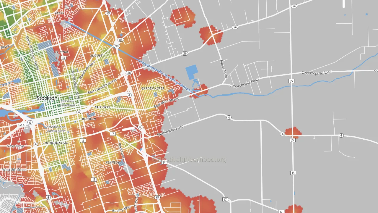 Walk Grade map of 95215, CA, walkable areas in green and car-dependent areas in red