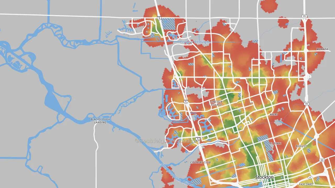 Walk Grade map of 95219, CA, walkable areas in green and car-dependent areas in red