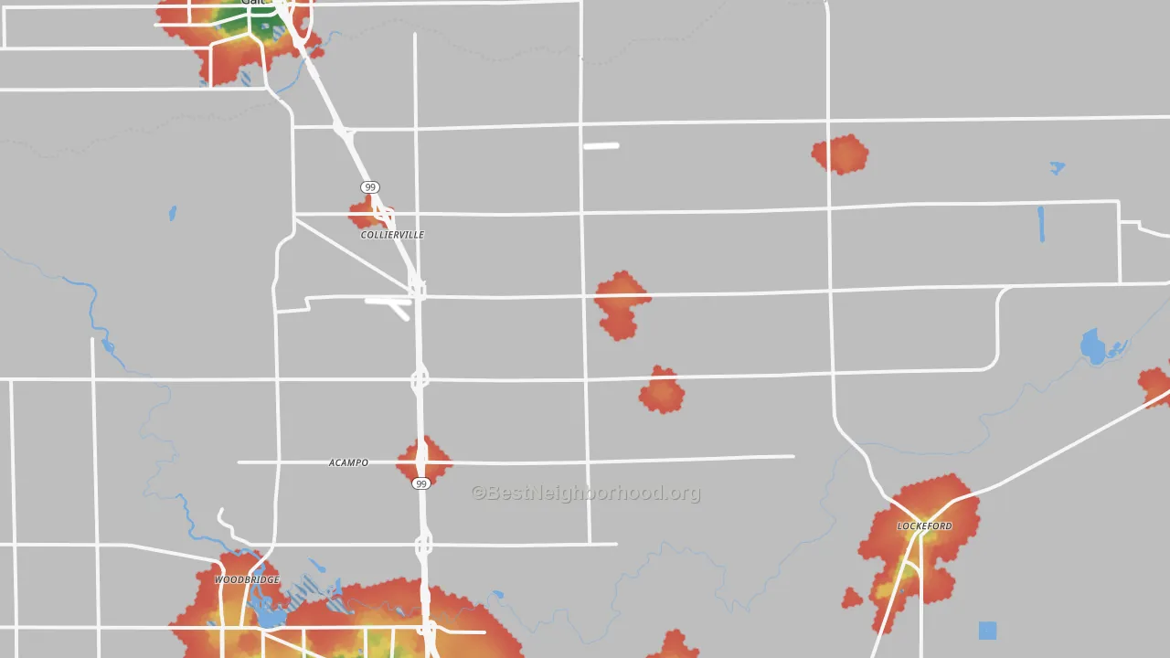 Walk Grade map of 95220, CA, walkable areas in green and car-dependent areas in red